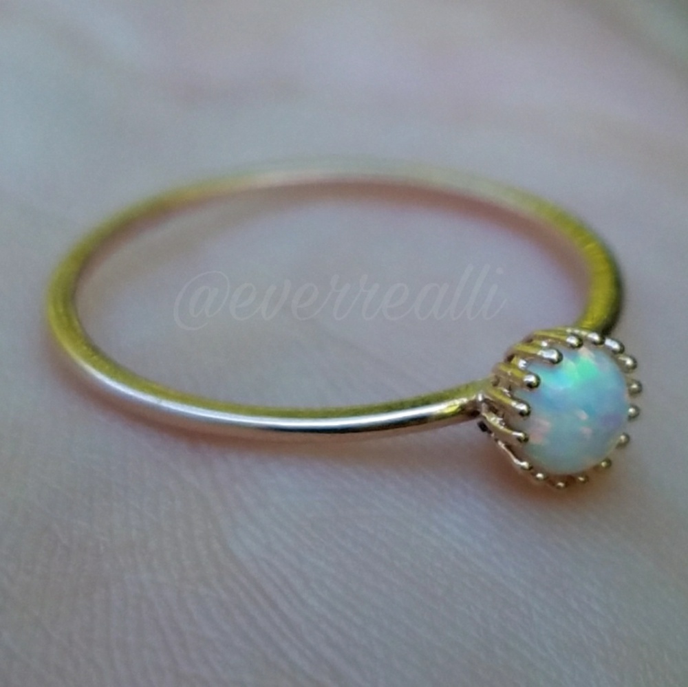 Delicate Rose Gold Band Tiny Round Fire Opal Ring - Picture 4 of 5
